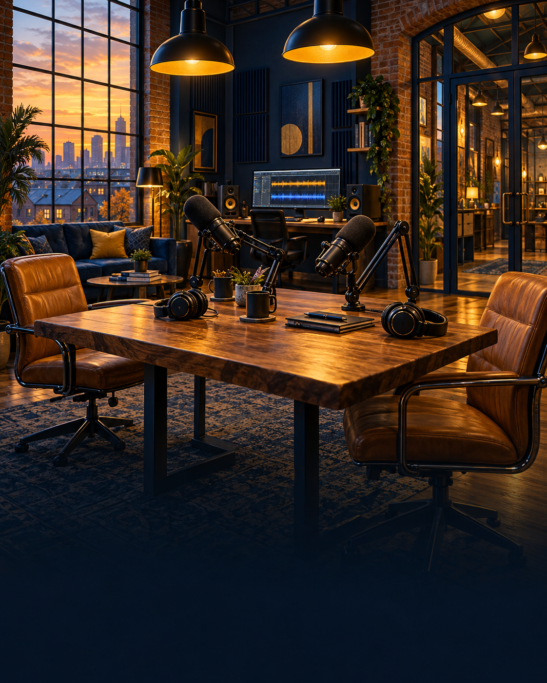 Illustration of a welcoming podcast studio with navy walls, golden lighting, and broadcast microphones