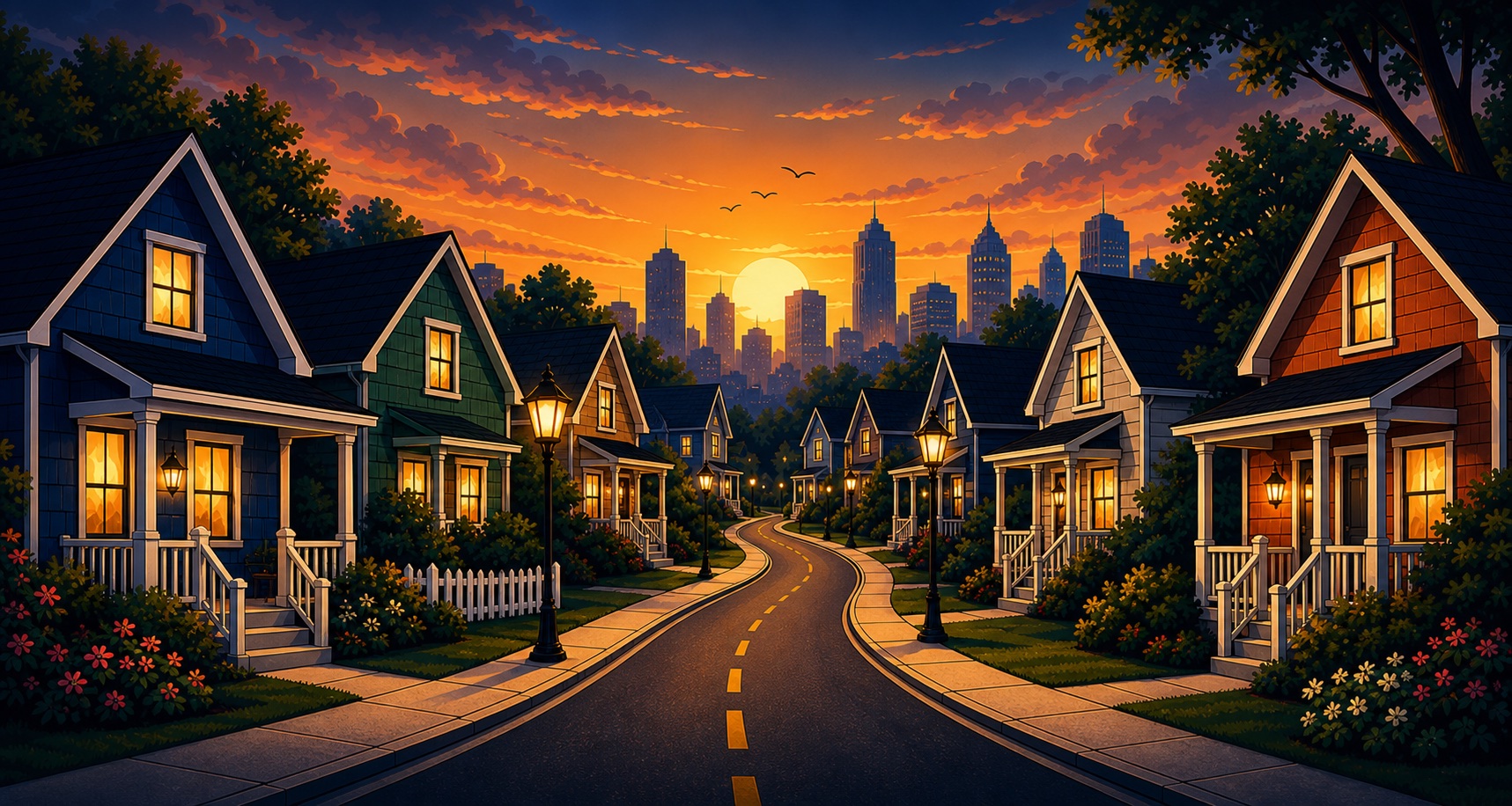 A welcoming neighborhood of podcast Homes at sunset